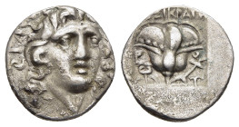 ISLANDS off CARIA. Rhodes. Hemidrachm (Circa 170-150 BC). Dexikrates, magistrate.

Obv: Radiate head of Helios facing slightly right.
Rev: ΔEΞIKPATHΣ ...