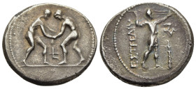 PAMPHYLIA. Aspendos. Stater (circa 330/25-300/250 BC).

Obv: Two wrestlers grappling; E between.
Rev: EΣTFEΔIY.
Slinger in throwing stance right; to r...