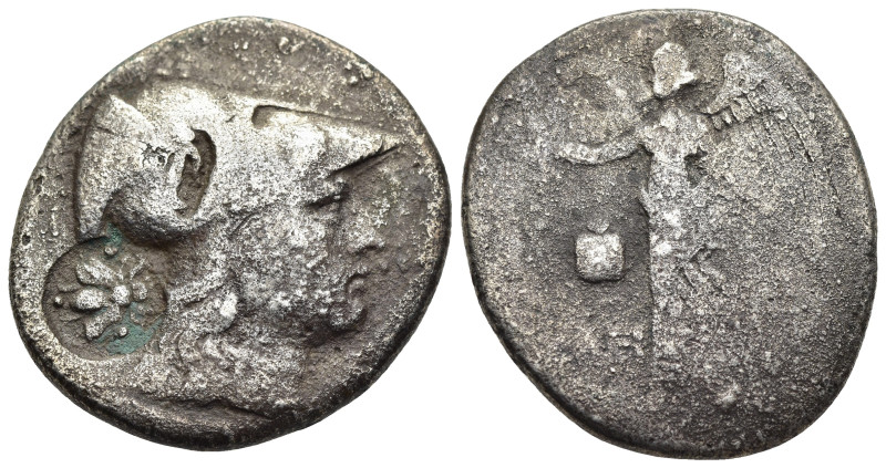 PAMPHYLIA. Side. Tetradrachm (circa 200-190 BC). ΔΗ magistrate.

Obv: Head of At...