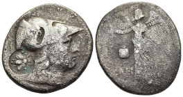 PAMPHYLIA. Side. Tetradrachm (circa 200-190 BC). ΔΗ magistrate.

Obv: Head of Athena to right, wearing crested Corinthian helmet; on bowl, countermark...
