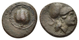 PAMPHYLIA. Side. Ae (1st century BC).

Obv: Pomegranate.
Rev: Helmeted head of Athena right.

SNG von Aulock 4804; SNG Copenhagen 384.

Condition: Ver...