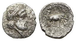 SELEUKID KINGS. Seleukos I Nikator (312-281 BC). Obol. Aï Khanoum.

Obv: Laureate head of Zeus to right. 
Rev: Athena, brandishing spear overhead in h...
