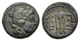 SELEUKID KINGS. Antiochos I Soter (281-261). Ae. Antioch.

Obv: Laureate head of Apollo right.
Rev: ΒΑΣΙ/ ANTI
Tripod; bow to outerleft, club to outer...