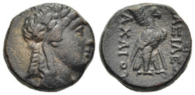 SELEUKID KINGS. Achaios (Usurper, 220-214 BC). Ae. Sardes.

Obv: Laureate head of Apollo right.
Rev: BAΣIΛEΩΣ / AXAIOY.
Eagle standing right, with pal...