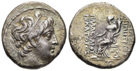 SELEUKID KINGS. Demetrios II Nikator (129-125 BC). Tetradrachm. Seleukeia.

Obv: Diademed head right within fillet border.
Rev: BAΣIΛEΩΣ ΔHMHTPIOY ΦIΛ...