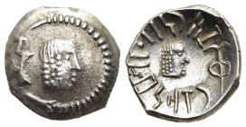 ARABIA. Southern. Himyar. Tha'rān Ya'ūb Yuhan'im (circa AD 175-215). Silver Unit. Raydan mint. 

Obv: Male head right; monogram to left, interrupting ...