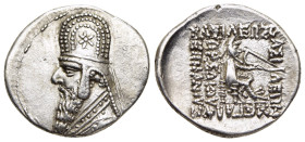 KINGS of PARTHIA. Mithradates II (121-91 BC). Drachm. Ekbatana.

Obv: Diademed and draped bust of Mithradates II to left, wearing tiara decorated with...