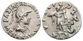 BAKTRIA. Indo-Greek Kingdom. Menander I Soter (Circa 155-130 BC). Drachm.

Obv: ΒΑΣΙΛΕΩΣ ΣΩTHPOΣ MENANΔPOY.
Helmeted, diademed and draped bust right.
...