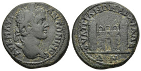 THRACE. Anchialus. Caracalla (197-217). Ae.

Obv: AVK M AVP ANTΩNINOC
Laureate head right.
Rev: OVΛΠIANΩN AΓXIAΛEΩN
City-gate with two turrets and bat...