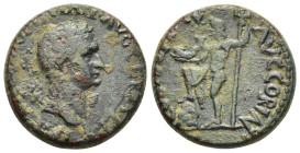 CORINTHIA. Corinth. Domitian (81-96). Ae. 

Obv: IMP CAES DOMITI AVG GERM P P. 
Laureate bust right.
Rev: COL IVL FL AVG CORINT. 
Poseidon standing le...