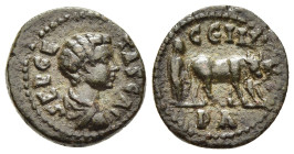 MYSIA. Parium. Geta (Caesar, 198-209). Ae.

Obv: SEP GETAS CA
Bareheaded, draped and cuirassed bust right.
Rev: C G I H // PA
Founder plowing right wi...
