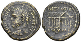 GALATIA. Ankyra. Caracalla (198-217). Ae.

Obv: ANTΩΝΙΝΟC ΑYΓΟYCTOC 
Laureate head left.
Rev: MHTPOΠO / ANKYPAC
Octastyle temple facing slightly right...