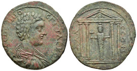 CARIA. Mylasa. Geta (Caesar, 198-209). Ae.

Obv: ΠO CЄΠTIMIOC ΓЄTAC KAI
Bareheaded, draped and cuirassed bust right.
Rev: MVΛACЄΩN
Tetrastyle temple, ...