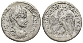 CYRRHESTICA. Hieropolis. Caracalla (198-217). Tetradrachm.

Obv: AVT K M A ANTΩNЄINOC CЄB.
Laureate, draped and cuirassed bust right.
Rev: ΔHMAPX ЄΞ V...