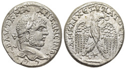 SELEUCIS & PIERIA. Antioch. Caracalla (198-217). Tetradrachm. 

Obv: •ΑΥΤ•Κ•Μ•Α ΑΝΤΩΝЄΙΝΟC••CЄ•Β 
Laureate head of Caracalla to right. 
Rev: Δ•ΗΜΑΡΧ Є...