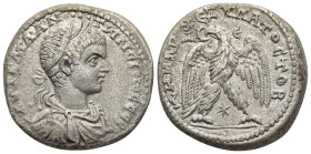 SELEUCIS & PIERIA. Antioch. Elagabalus (218-222). Tetradrachm.

Obv: AVT K M ANTWNЄINOC CЄB.
Laureate, draped and cuirassed bust right.
Rev: ΔHMAPX ЄΞ...
