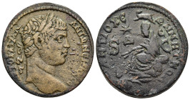 Seleucis & Pieria. Antioch. Elagabalus (218-222). Ae.

Obv: ΑΥΤOK Μ ΑΥ ΑΝΤΩΝΕΙΝΟC CE 
Laureate, bust of Elagabalus to right. 
Rev: ΑΝΤΙΟΧΕ-ΩΝ ΜΗΤ ΚΟ /...
