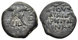 JUDAEA. Procurators. Antonius Felix (52-59 CE). Ae Prutah. In the names of Agrippina Junior and Claudius. Jerusalem. Dated RY 14 of Claudius (54 CE).
...