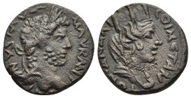 MESOPOTAMIA. Carrhae. Caracalla (198-217). AE.

Obv: IMP CAES ANTONINVS P F AVG.
Laureate head of Caracalla right.
Rev: COI MET ANTONINIANA.
Turreted,...