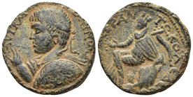 MESOPOTAMIA. Edessa. Elagabal (218-222).AE.

Obv: Laureate and cuirassed bust left, holding round shield and raising right hand.
Rev: Tyche seated lef...