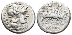 Q MARCIUS LIBO. Denarius (148 BC). Denarius.

Obv: LIBO.
Helmeted head of Roma right; X (mark of value) below chin.
Rev: Q MARC / ROMA.
The Dioscuri a...