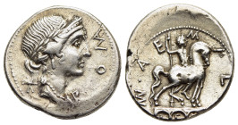 MN. AEMILIUS LEPIDUS. Denarius (114-113 BC). Rome.

Obv: ROMA.
Laureate, diademed, and draped bust of Roma right; mark of value to left.
Rev: MAN AEMI...