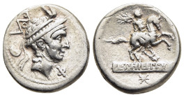 L. MARCIUS PHILIPPUS. Denarius (112 or 113 BC). Rome.

Obv: Head of Philip V of Macedon right, wearing diademed royal Macedonian helmet with goat horn...