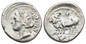 L. CASSIUS CAECIANUS. Denarius (102 BC). Rome.

Obv: CÆICIAN.
Head of Ceres left, wearing grain wreath.
Rev: L CASSI.
Two yoked oxen pulling plow left...