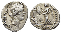 C. EGNATULEIUS C. F. Quinarius (97 BC). Rome.

Obv: C EGNATVLEI C F
Laureate head of Apollo right.
Rev: Q / ROMA
Victory standing left, erecting troph...