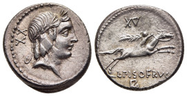 L. CALPURNIUS PISO FRUGI. Denarius (90 BC). Rome.

Obv: Laureate head of Apollo right; XX behind.
Rev: L PISO FRVGI.
Horseman riding right, holding re...