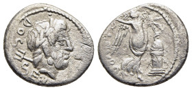 L. RUBRIUS DOSSENUS. Quinarius (87 BC). Rome.

Obv: DOSSEN.
Laureate head of Neptune right, with trident over shoulder.
Rev: L RVBRI.
Victory standing...