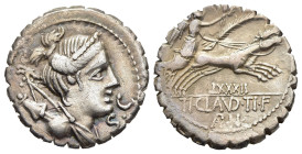 TI. CLAUDIUS NERO. Serrate Denarius (79 BC). Rome.

Obv: S C.
Draped bust of Diana right, with bow and quiver over shoulder.
Rev: TI CLAVD TI F / AP N...