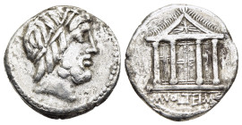 M. VOLTEIUS M.F. Denarius (75 BC). Rome.

Obv: Laureate head of Jupiter right.
Rev: M VOLTEI M F.
Tetrastyle temple of Jupiter Capitolinus, with winge...