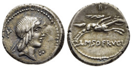 C. PISO L.F. FRUGI. Denarius (68 BC).

Obv: Laureate head of Apollo right; Silphium plant (?) to left.
Rev: C PISO L F FRVG.
Warrior riding horse righ...