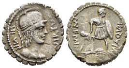MN. AQUILIUS MN.F. MN.N. Serrate Denarius (65 BC). Rome.

Obv: VIRTVS III VIR
Helmeted and draped bust of Virtus right.
Rev: MN F MN N / MN AQVIL / SI...