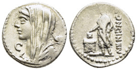 L. CASSIUS LONGINUS. Denarius (63 BC). Rome.

Obv: Veiled and draped bust of Vesta left; C to left, calix to right.
Rev: LONGIN III V.
Voter standing ...