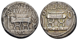 Q. POMPEIUS RUFUS. Denarius (54 BC). Rome.

Obv: Q POMPEI Q F RVFVS / COS.
Curule chair; arrow to left, branch to right.
Rev: SVLLA COS / Q POMPEI RVF...