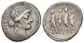 Q. SERVILIUS CAEPIO (M. JUNIUS) BRUTUS. Denarius (54 BC). Rome.

Obv: LIBERTAS.
Head of Libertas right.
Rev: BRVTVS.
The consul L. Junius Brutus advan...