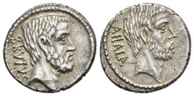 Q. SERVILIUS CAEPIO (M. JUNIUS) BRUTUS. Denarius (54 BC). Rome.

Obv: BRVTVS.
Bare head of L. Junius Brutus right.
Rev: AHALA.
Bare head of C. Servili...