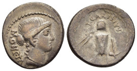 T. CARISIUS. Denarius (46 BC). Rome.

Obv: MONETA.
Head of Juno Moneta right.
Rev: T CARISIVS.
Implements for coining money: anvil die with punch die ...
