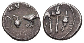 MARK ANTONY. Quinarius (43 BC). Military mint traveling with Antony and Lepidus in Transalpine Gaul.

Obv: M ANT IMP.
Lituus, ewer and raven standing ...