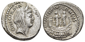 L. MUSSIDIUS LONGUS. Denarius (42 BC). Rome.

Obv: CONCORDIA.
Diademed and veiled head of Concordia right.
Rev: L MVSSIDIVS LONGVS / CLOACIN.
Two stat...