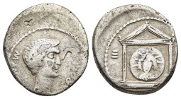 MARK ANTONY. Denarius (42 BC). Military mint traveling with Antony in Greece.

Obv: M ANTONI IMP.
Bare head right.
Rev: III VIR R P C.
Distyle temple,...