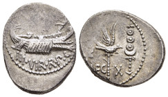 MARK ANTONY. Denarius (32-31 BC). Patrae(?). Legionary issue.

Obv: ANT AVG / III VIR R P C.
Galley right.
Rev: LEG - XI.
Aquila right between two sig...