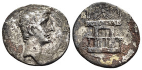 AUGUSTUS (27 BC-14 AD). Fourrée Denarius. Uncertain mint in Italy.

Obv: Bare head right.
Rev: Temple with colonnaded base, Victory on globus at apex ...