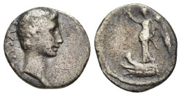 AUGUSTUS (27 BC-14 AD). Quinarius. Pergamum.

Obv: AVGVSTVS
Bare head right.
Rev: Victory standing left on prow, holding wreath and palm.

RIC² 427.

...
