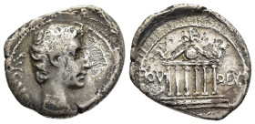 AUGUSTUS (27 BC-14 AD). Denarius. Uncertain mint, possibly in the Northern Peloponnese.

Obv: AVGVSTVS
Bare head right.
Rev: IOVI - OLV
Hexastyle temp...
