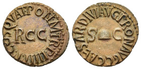 CALIGULA (37-41). Quadrans. Rome.

Obv: C CAESAR DIVI AVG PRON AVG / S - C.
Pileus.
Rev: PON M TR P IIII P P COS TERT.
Large R C C.

RIC² 52.

From th...