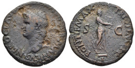 NERO (54-68). As. Lugdunum.

Obv: NERO CLAVD CAESAR AVG GERMANICVS
Bare head to left, globe at point of bust.
Rev: PONTIF MAX TR POT IMP P P 
Emperor ...