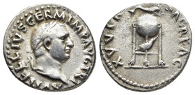 VITELLIUS (69). Denarius. Rome.

Obv: A VITELLIVS GERM IMP AVG TR P.
Laureate head right.
Rev: XV VIR SACR FAC.
Tripod surmounted by dolphin right; be...